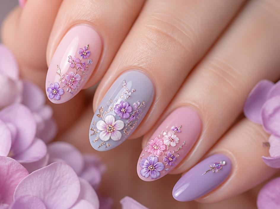 Close-up of intricate floral nail art in blush and lavender tones
