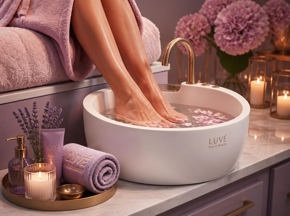 Luxury pedicure basin with flower petals and soft candlelight
